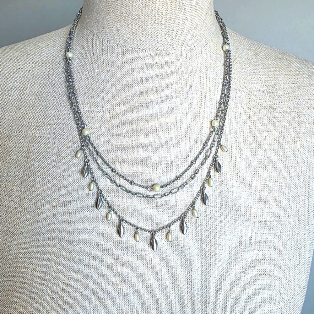 Lia Sophia Silver Layered Necklace Pearl Accents